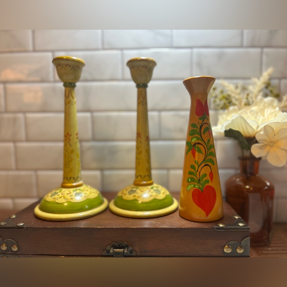 Folk Art Hungarian Vintage Wooden Hand Painted Candlestick Holders Set of 3